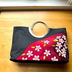 Vintage Red/Black Silk Handbag with Floral Embroidery & chrome handle